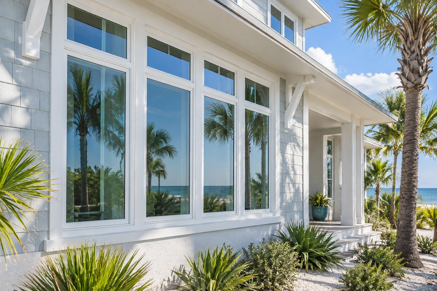 Large white-frame windows on a coastal-style home with palm landscaping
