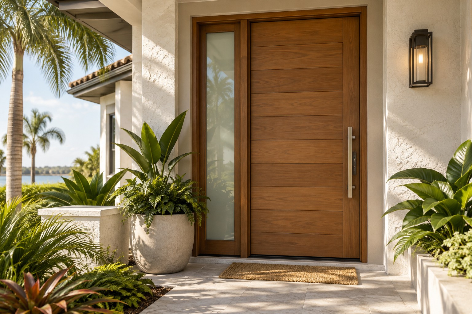 Modern wood entry door with a frosted glass sidelight and tropical landscaping