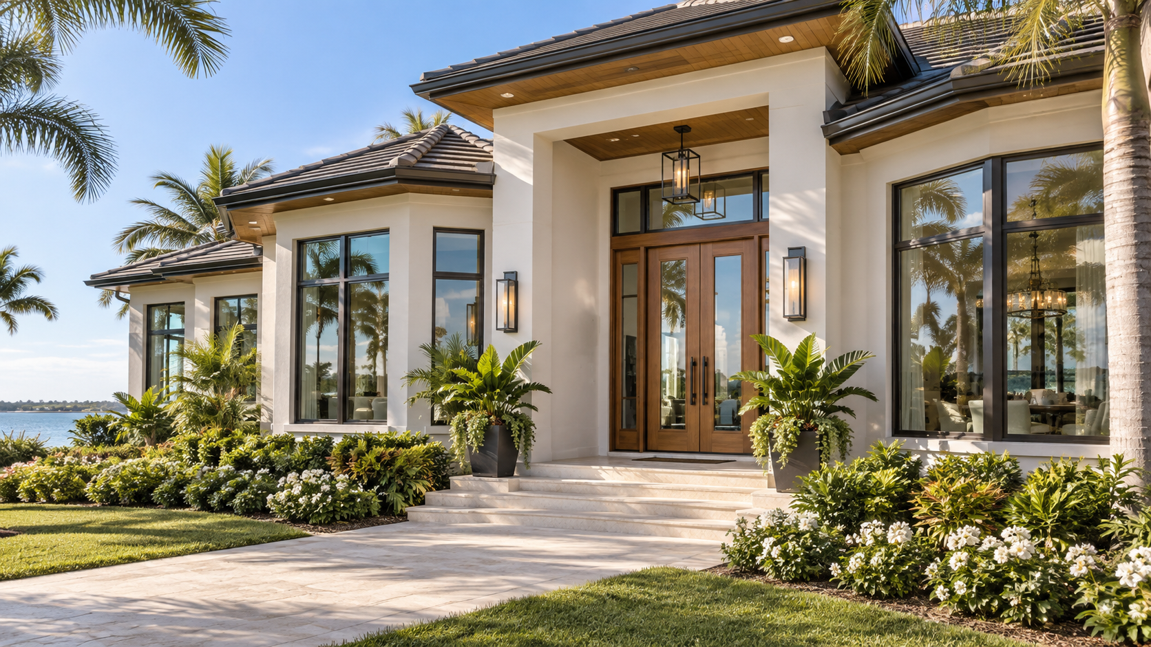 Beautiful Florida coastal home with large new windows and an elegant wood-and-glass front door