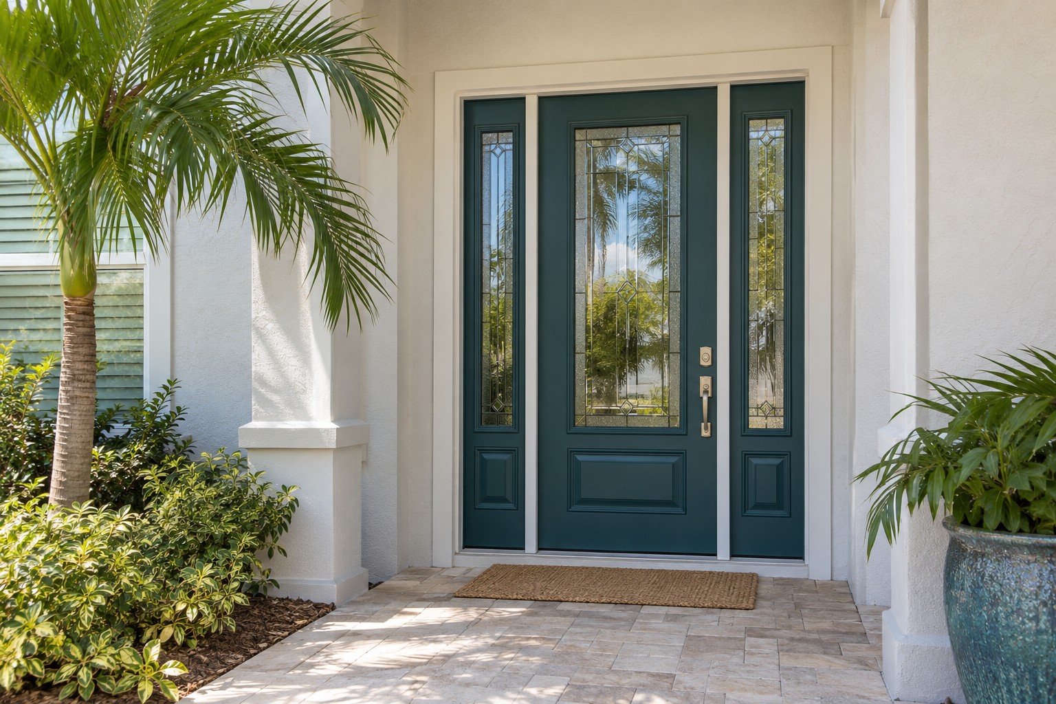 Florida-style home with a beautiful teal front door and decorative glass sidelights