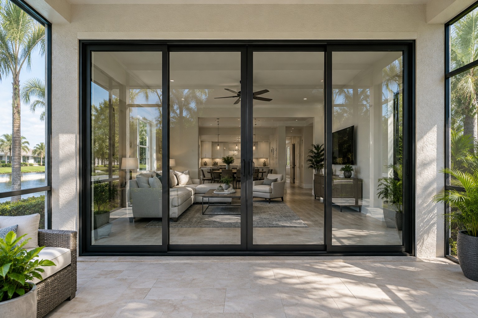 Florida-style home with modern black-frame sliding glass patio doors