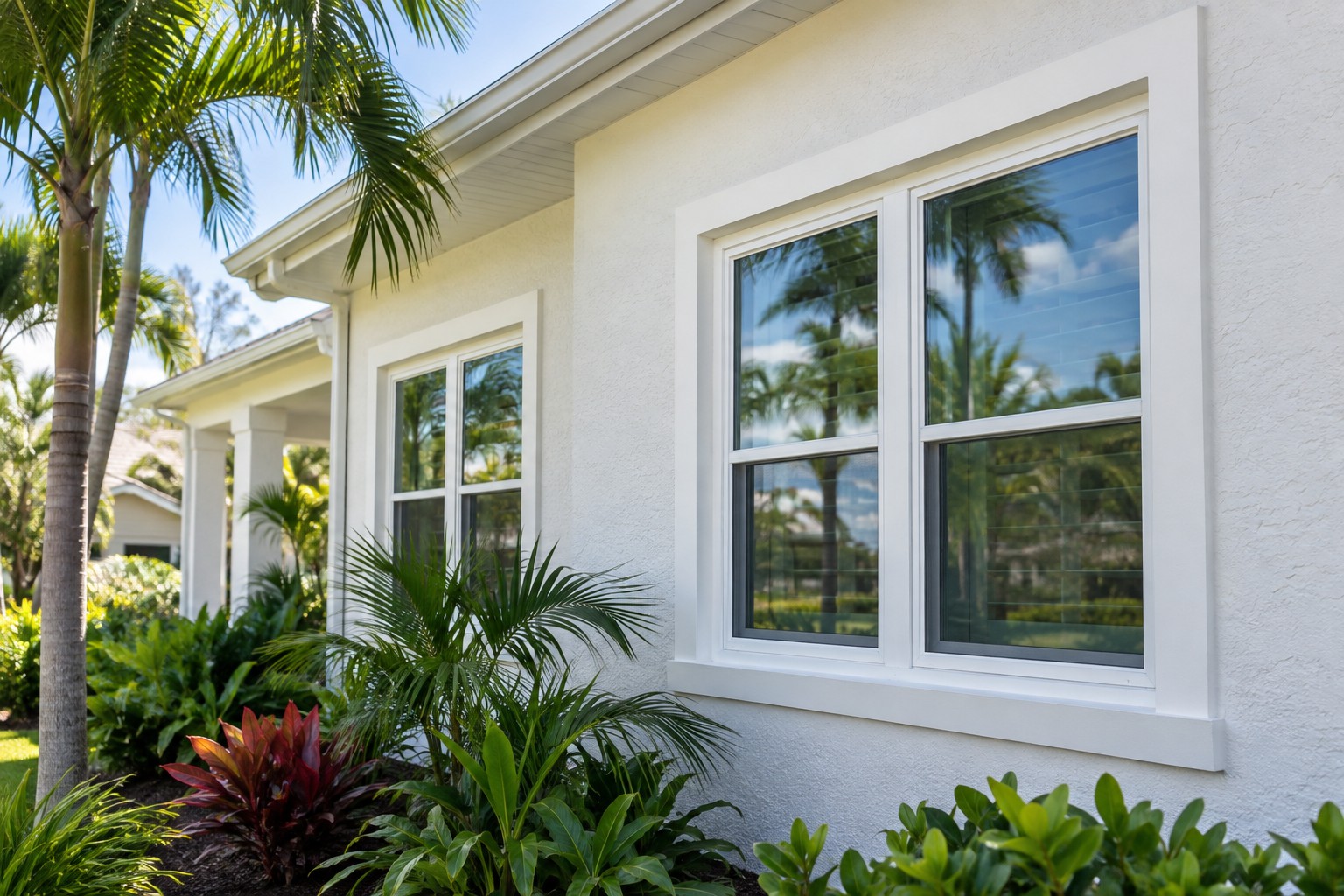 Close-up of new white-frame windows on a Florida-style stucco home with palms