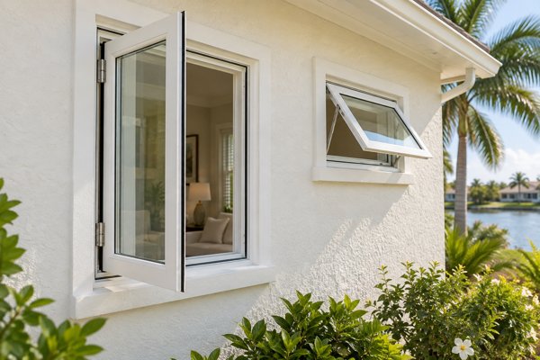 Open casement and awning windows showing different hinge arrangements