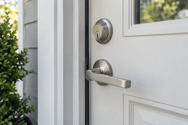 Exterior door lock and handle beside the door frame