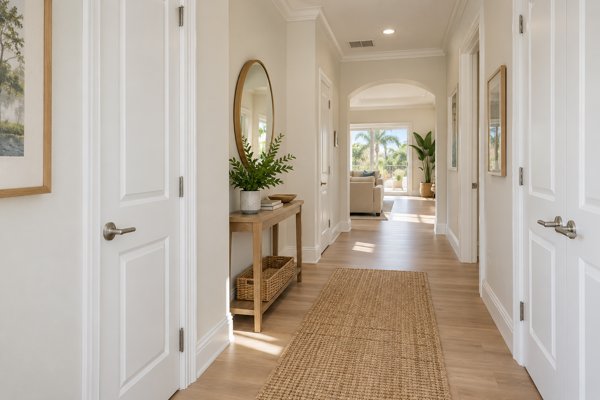 White paneled interior doors along a bright hallway