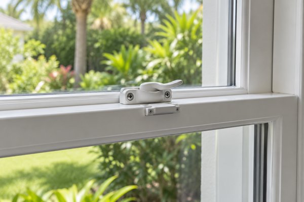 Close-up of a window latch on a white sash