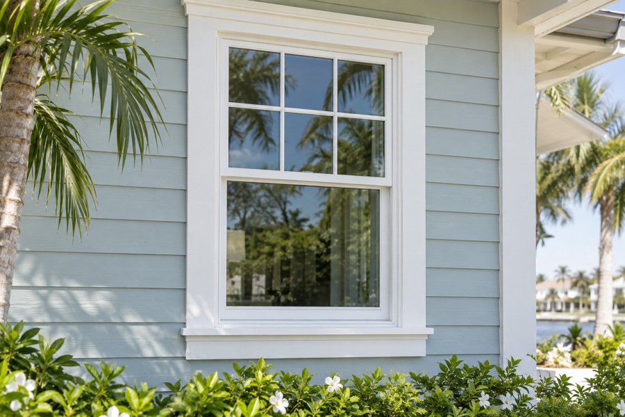 New white-framed sash window with traditional trim on a Florida-style home